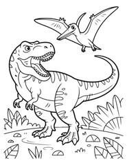 T rex and pterodactyl in black and white coloring page © sumit