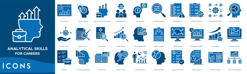 Naklejka premium Analytical Skills for Careers icon set. Data Analysis, Critical Thinking, Analytical Skills for Careers, Insight Generation, Logic Reasoning, Pattern Recognition and Risk Assessment
