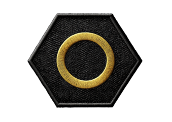 Black six-sided coaster with golden ring design and fabric texture Isolated on a transparent background