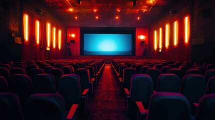 Fototapeta premium Cinematic viewing experience inside darkened auditorium with illuminated screen