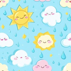 Kawaii Seamless Pattern of Weather Elements with Sun and Clouds