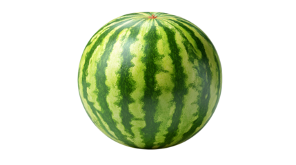 Photo of a whole, ripe watermelon with dark green stripes, isolated on transparent background, ready to be sliced and enjoyed on a hot summer day