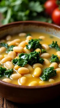 Hearty White Bean and Kale Soup in Brown Bowl