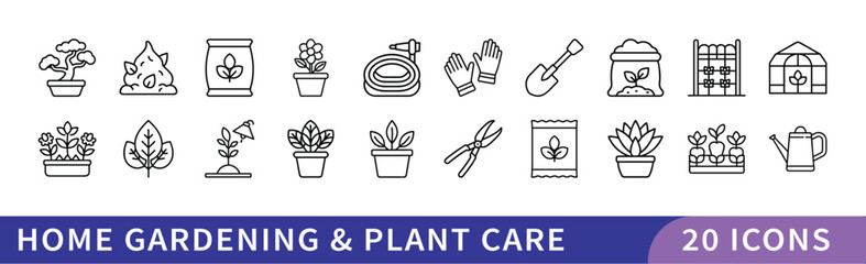 Home Gardening and Plant Care Icon Set, A set of 20 icons for home gardening and plant care, featuring tools, plants, pots, and watering equipment.
