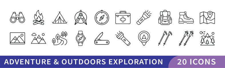 Adventure and Outdoors Exploration Icon Set, A collection of 20 icons representing adventure and outdoor exploration, including hiking, camping, maps, and adventure gear.
