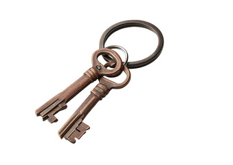 Pair of antique-style keys on metal ring with rustic finish Isolated on a transparent background