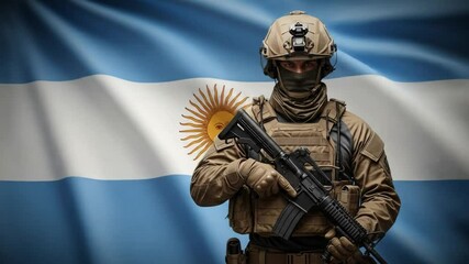 Argentine soldier in tactical gear standing guard with national flag waving in background - Powered by Adobe