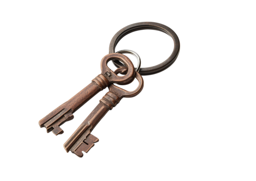 Pair of antique-style keys on metal ring with rustic finish Isolated on a transparent background