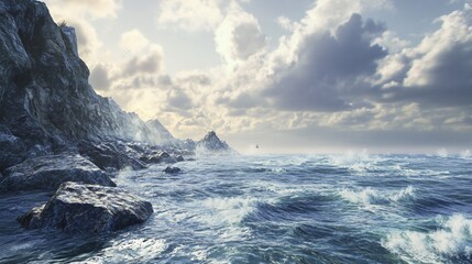 Dramatic ocean view with rocky coastline and cloudy sky in a realistic scene