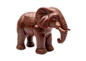 Wooden elephant figurine with carved detailing and curved tusks Isolated on a transparent background