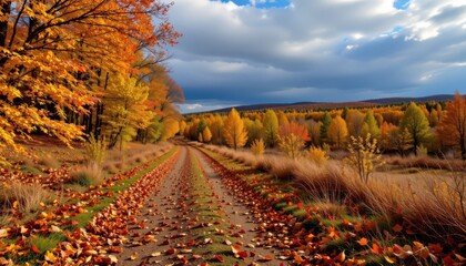 a beautiful autumn scene with a wide trail covered in leaves covered in fallen leaves in shades of bronze and burgundy, amidst a golden forest, with dramatic clouds above.