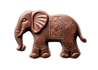 Brown elephant statue with tribal pattern carvings and upright posture Isolated on a transparent background
