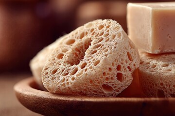 Natural Loofah Sponges with Soap on Wooden Bowl Surface