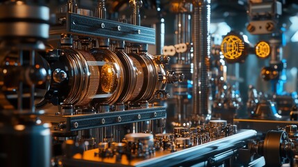 Naklejka premium A complex laboratory machine is illuminated with golden light