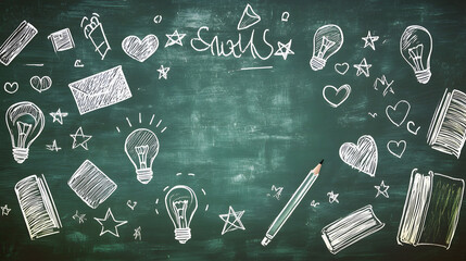 A green chalkboard background with white chalk doodles of school supplies, including light bulbs