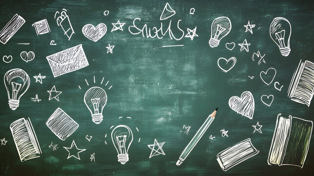 A green chalkboard background with white chalk doodles of school supplies, including light bulbs