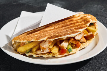 Chicken pita sandwich with vegetables and fries, bright lighting, overhead composition