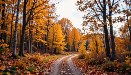 Fototapeta premium a beautiful autumn scene with a winding forest path covered in fallen leaves in shades of amber and rust, framed by golden foliage, beneath a pale autumn sky.