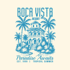 Boca Vista Resort hand drawing. Tropical beach hotel vintage resort graphics. summer t-shirt design in vector. aloha inland for relax unwind. Hawaii vibes artwork ... © StockTeeArt