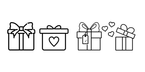Gift Box Icons with Heart and Ribbon in Minimal Line Art Style