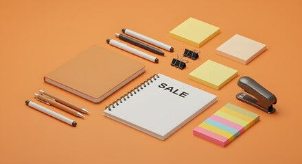 Top view flat lay of various office supplies for a business sale promotion. Stationery essentials on an orange desk background, a workspace concept.