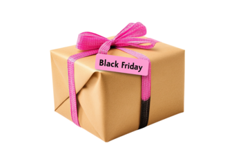 Kraft paper gift box with pink ribbon and black friday sale tag isolated on a transparent background