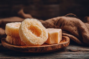 Natural Loofah Sponges with Handmade Soap on Wooden Plate