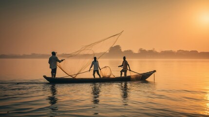 Fototapeta premium Three tourists engage in traditional fishing from a wooden boat at sunrise, casting nets into the calm waters of a river surrounded by nature and rural scenery