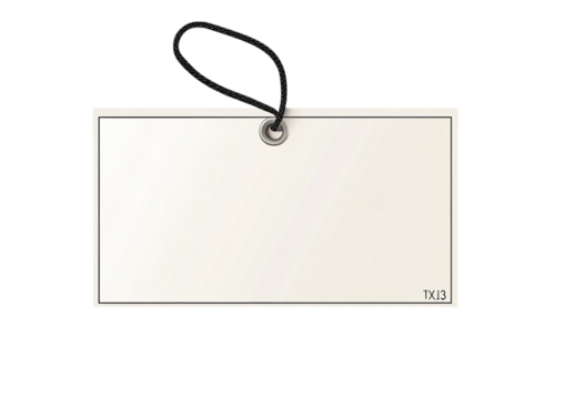 White rectangular tag with black string loop for labeling or gift wrapping isolated on a transparent background