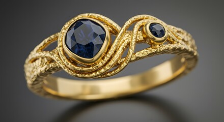 Exquisite 14k yellow gold ring featuring a stunning cushion-cut sapphire and a smaller round sapphire, artfully designed with swirling textures and a textured band for a unique