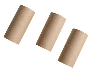 Top view set of tissue paper cores or napkin in strange shape after use in toilet or restroom isolated on white background with clipping path