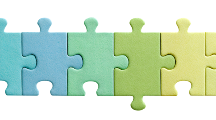 Photo of a row of pastelcolored puzzle pieces are connected together, isolated on transparent background