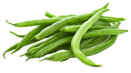Photo of a bunch of fresh, vibrant green beans isolated on white background, showcasing their healthy and nutritious qualities, perfect for culinary or dietary contexts