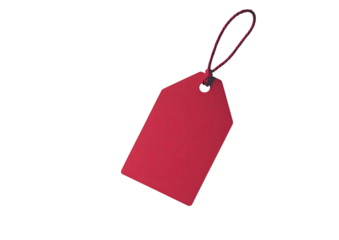 Red price tag label with string loop and blank space for text isolated on a transparent background