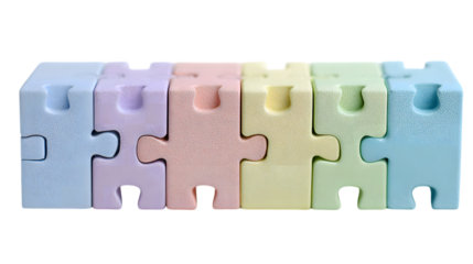 Photo of five pastelcolored puzzle pieces interlocked together, isolated on transparent background, representing connection and teamwork