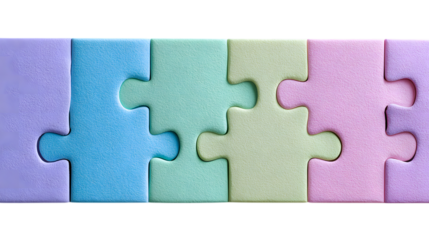 Photo of four pastelcolored puzzle pieces connected, one missing, isolated on transparent background, symbolizing an incomplete solution