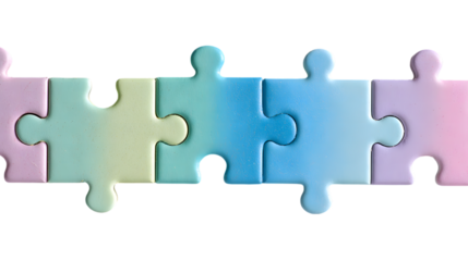 Photo of five pastelcolored puzzle pieces with a gradient effect, connected together, isolated on transparent background, representing a complete solution