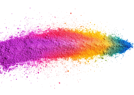 Vibrant powder splash in pink yellow and blue scattered pigment isolated on a transparent background
