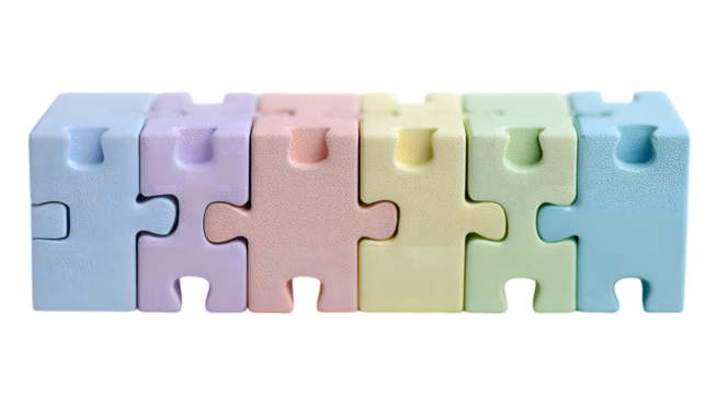 Photo of five pastelcolored puzzle pieces interlocked together, isolated on transparent background, representing connection and teamwork - Powered by Adobe
