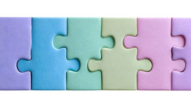 Photo of four pastelcolored puzzle pieces connected, one missing, isolated on transparent background, symbolizing an incomplete solution
