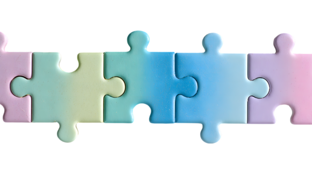 Photo of five pastelcolored puzzle pieces with a gradient effect, connected together, isolated on transparent background, representing a complete solution