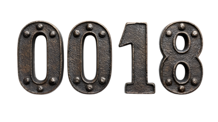Photo of a closeup shot of four bronze metal numbers, 0018, isolated on transparent background, showcasing their intricate texture