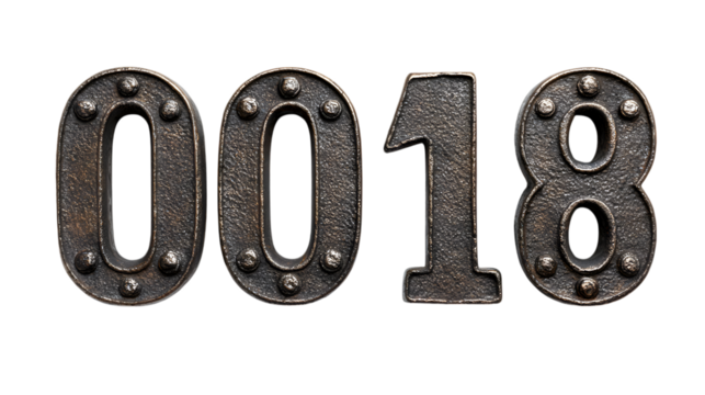 Photo of a closeup shot of four bronze metal numbers, 0018, isolated on transparent background, showcasing their intricate texture