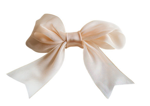 Cream-colored ribbon bow with glossy finish and realistic folds isolated on a transparent background