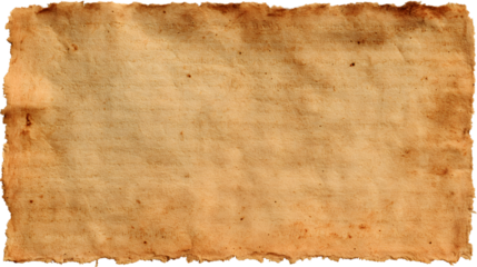 Photo of a piece of old, aged, brown paper isolated on transparent background, showing a worn and textured surface