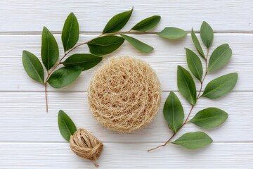 Natural Loofah Pad on Wooden Tile with Green Leaves Around It