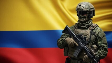 Colombian soldier in tactical gear standing guard with national flag waving behind - Powered by Adobe