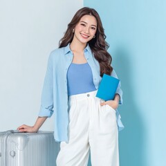 Fototapeta premium Asian Woman Traveler with Passport and Suitcase
