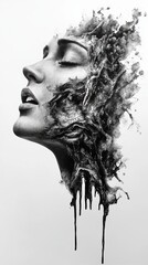 Fototapeta premium Abstract Monochrome Portrait Woman's Face Emerging from Organic Forms