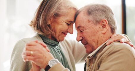 Love, dance and support with old couple in home for romance, bonding and anniversary. Holding...